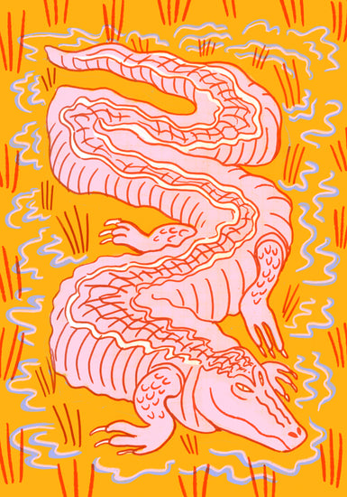 Illustration of a pink crocodile slithering through an orange swamp.