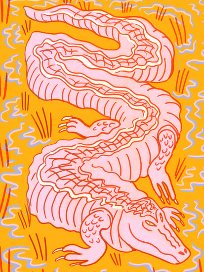 Illustration of a pink crocodile slithering through an orange swamp.
