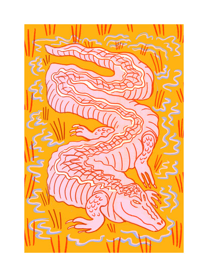 Illustration of a pink crocodile slithering through an orange swamp.