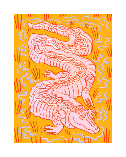 Illustration of a pink crocodile slithering through an orange swamp.