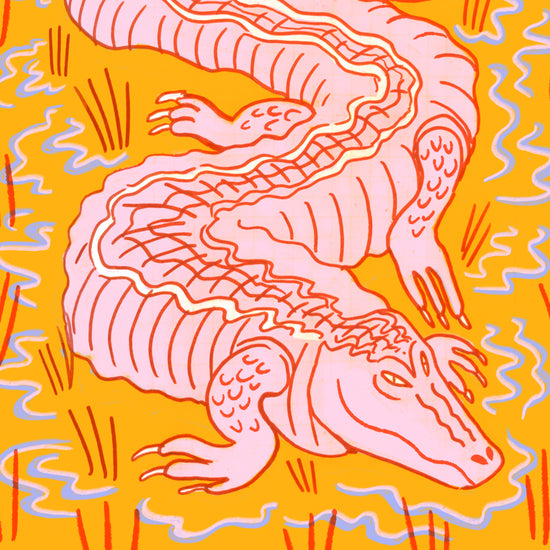 Illustration of a pink crocodile slithering through an orange swamp.