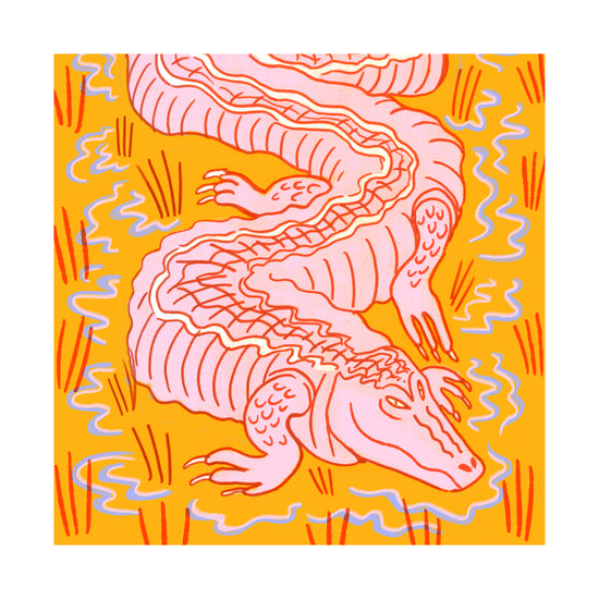 Illustration of a pink crocodile slithering through an orange swamp.