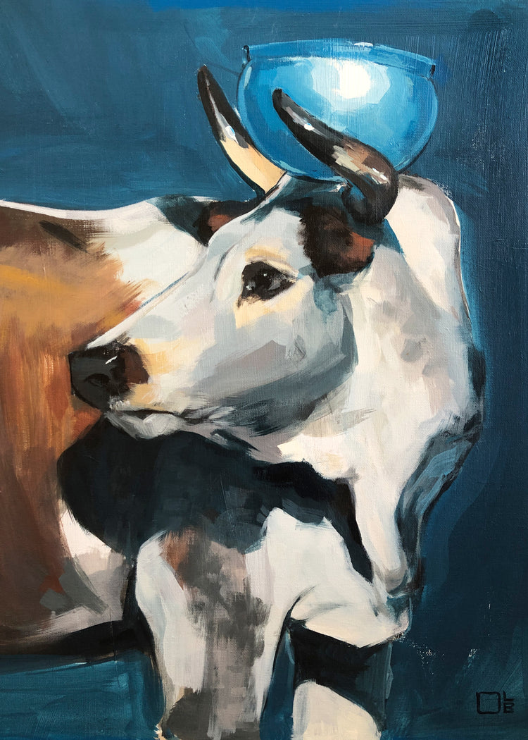 Painting of a bull balancing a blue bowl on its head.