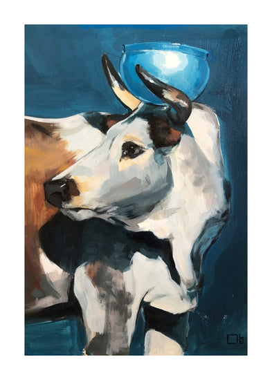Painting of a bull balancing a blue bowl on its head.