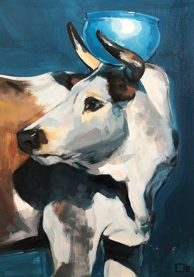 Painting of a bull balancing a blue bowl on its head.
