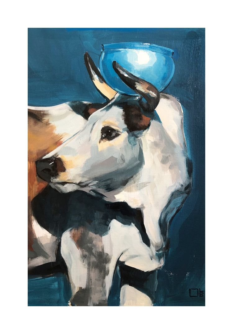 Painting of a bull balancing a blue bowl on its head.