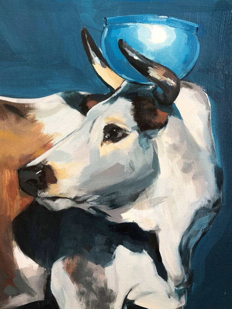 Painting of a bull balancing a blue bowl on its head.