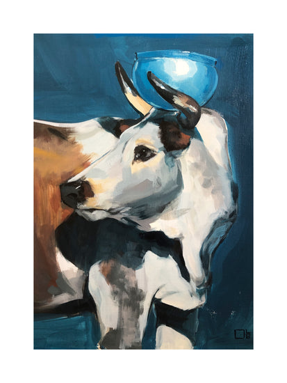 Painting of a bull balancing a blue bowl on its head.