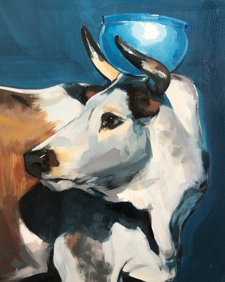 Painting of a bull balancing a blue bowl on its head.