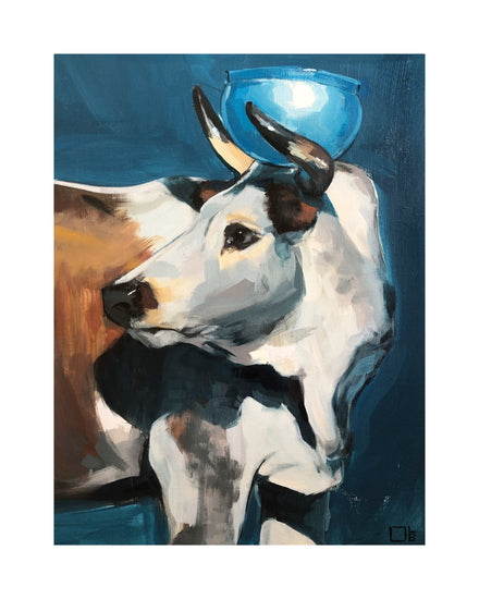 Painting of a bull balancing a blue bowl on its head.