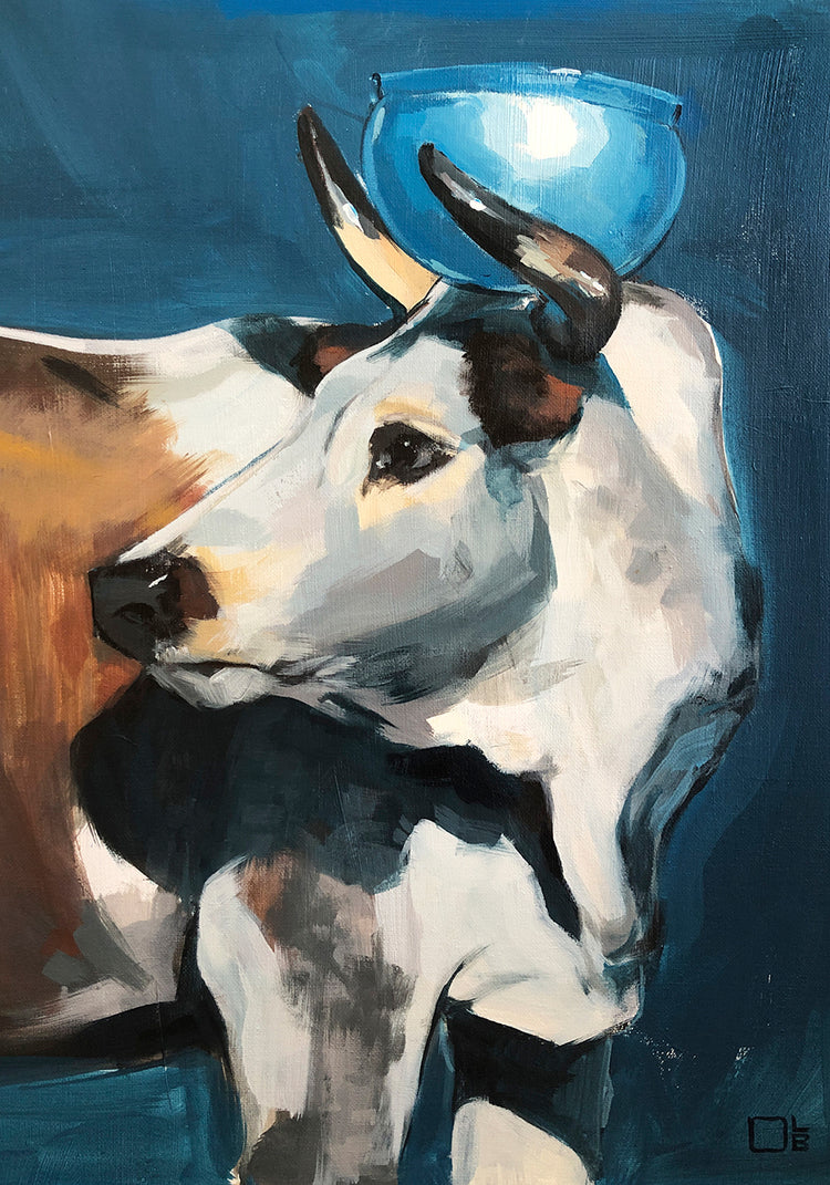 Painting of a bull balancing a blue bowl on its head.