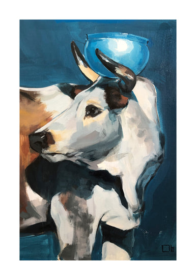 Painting of a bull balancing a blue bowl on its head.