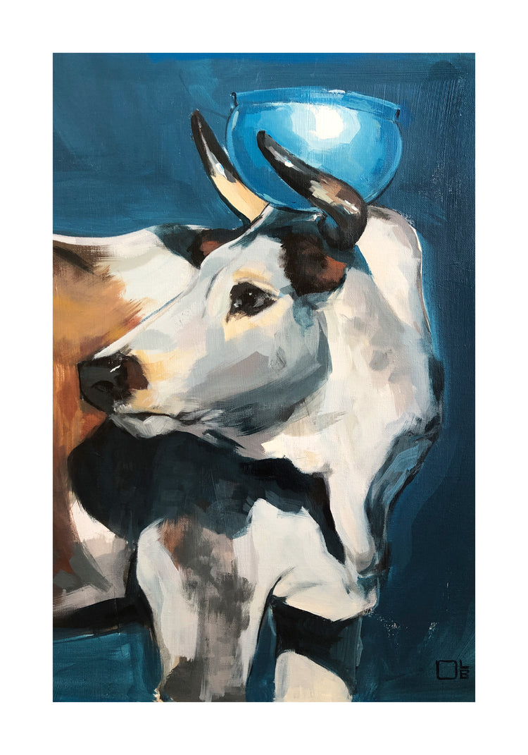 Painting of a bull balancing a blue bowl on its head.