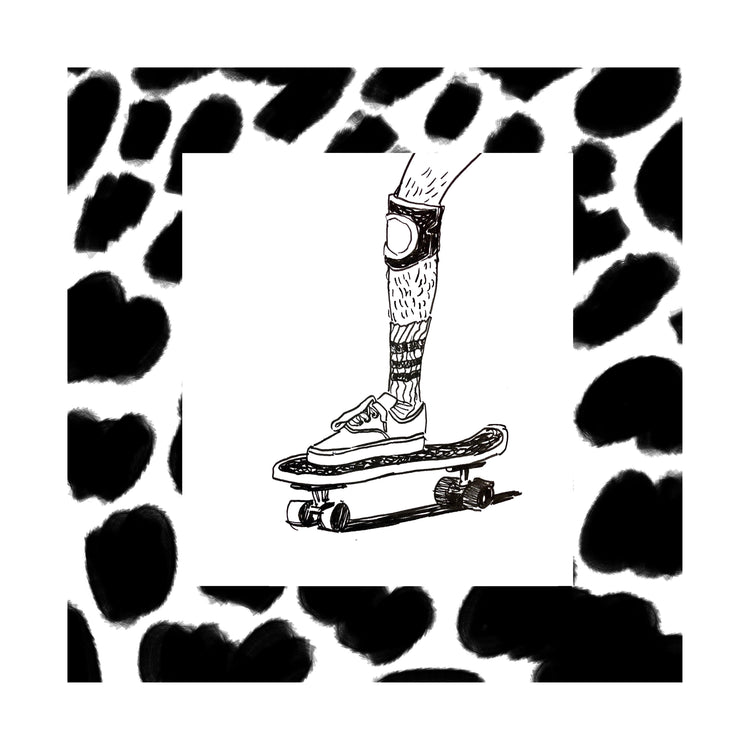 Skater wearing Vans and a kneepad framed in a black and white pattern.