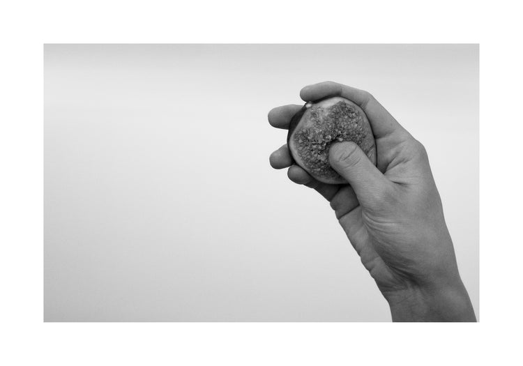 A hand holding half a fig and squeezing its flesh.