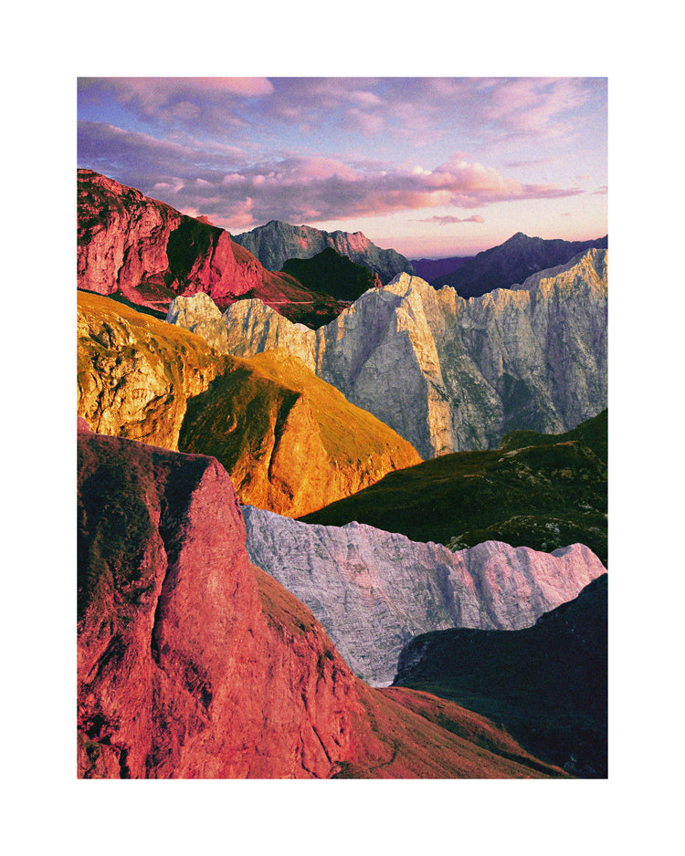 A cross between photograph and painting depicting a colorful mountain scenery.