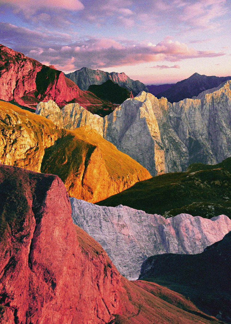 A cross between photograph and painting depicting a colorful mountain scenery.