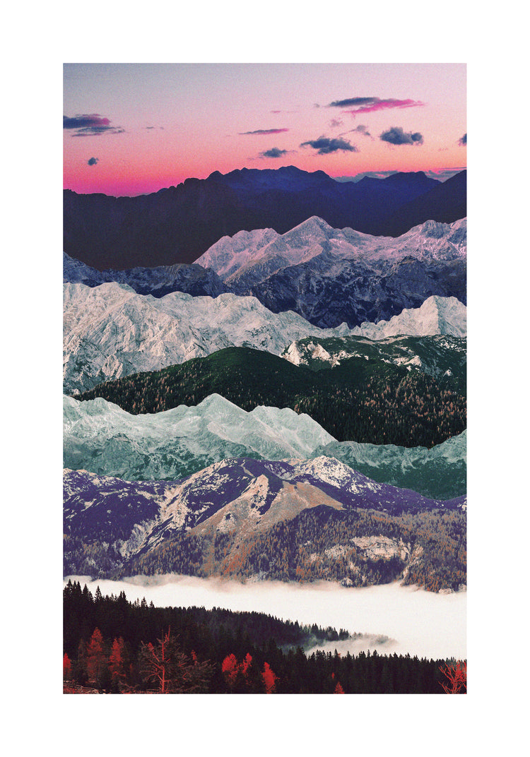 Colorful mountain scenery with a pink sky and a forest set in a valley below.