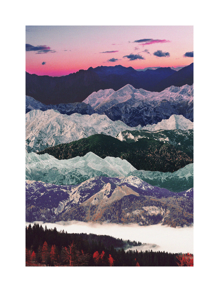 Colorful mountain scenery with a pink sky and a forest set in a valley below.