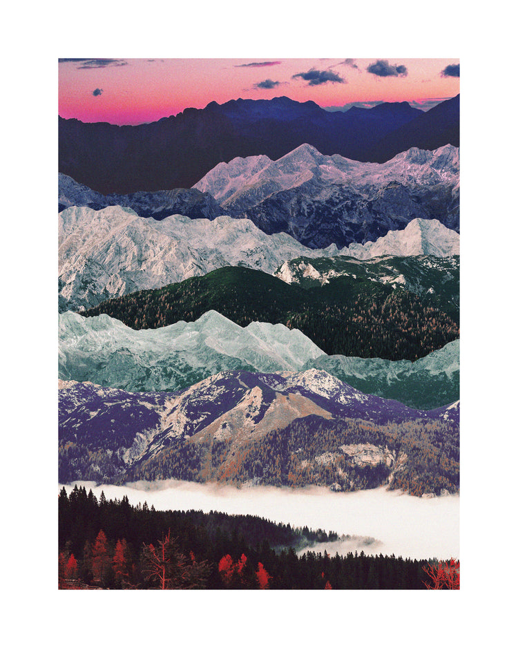 Colorful mountain scenery with a pink sky and a forest set in a valley below.