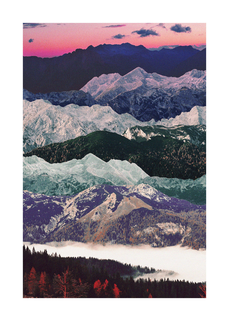 Colorful mountain scenery with a pink sky and a forest set in a valley below.