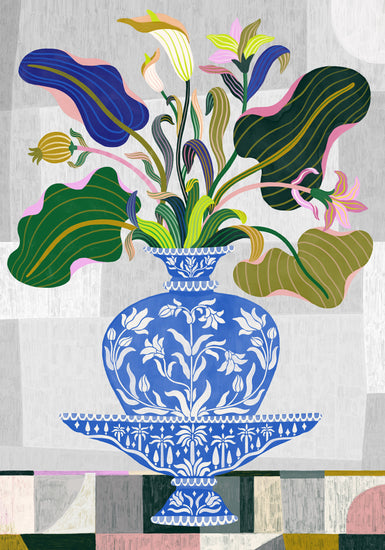 The Vase Poster features traditional Persian and Indian-styled abstract flowers and leaves in a decorative blue vase. Its background of muted geometric shapes completes this artistic modern design.