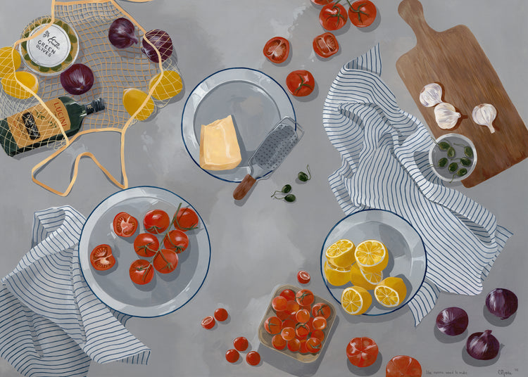 The Like Nonna Used to Make Poster depicts a cozy kitchen with plates of fresh tomatoes, vibrant lemon halves, a cheese wedge with grater, striped towels, a cutting board with garlic and olives, bottles, a net bag filled with food, and scattered vegetables.