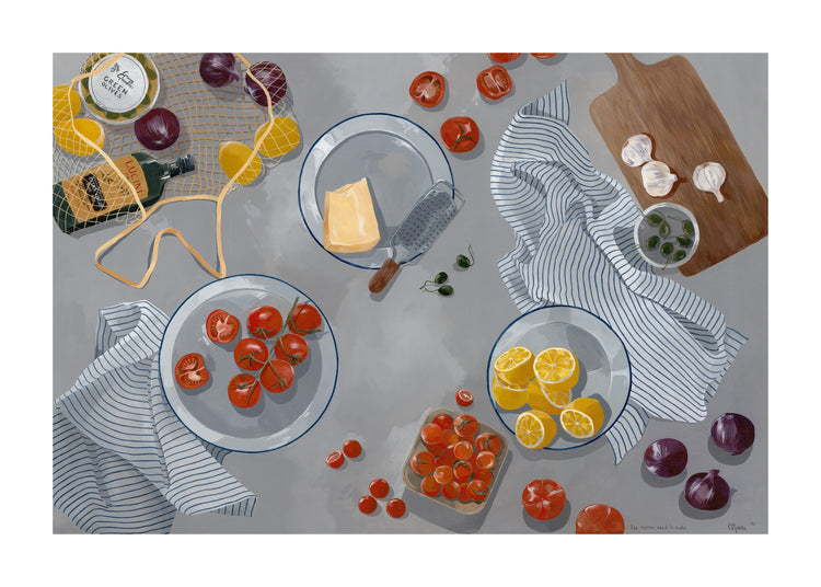 The Like Nonna Used to Make Poster showcases a kitchen table with fresh tomatoes, lemons, cheese wedge, garlic cloves, an olive jar, a grater, and striped towels. A mesh bag holds a cheese container and an olive oil bottle on the gray background for that perfect cozy kitchen vibe.