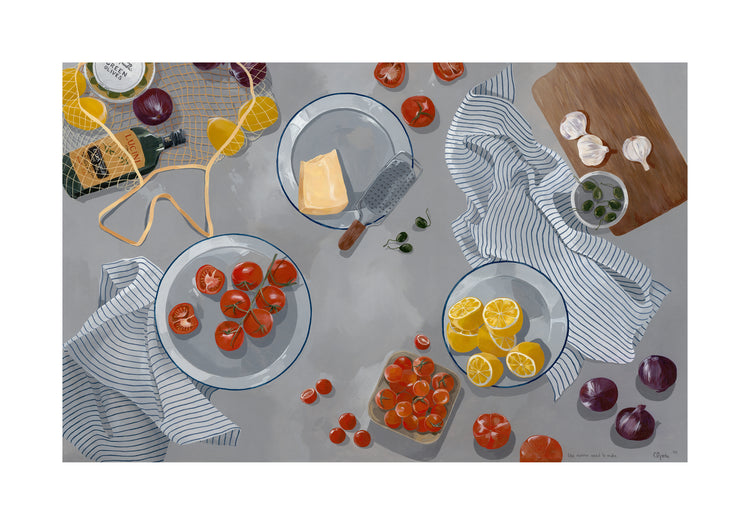 The Like Nonna Used to Make poster showcases a cozy kitchen table with three bowls holding fresh tomatoes, lemon halves, and a cheese block with a grater. The scene is completed by onions, garlic, striped cloths, a cutting board, and olive oil.