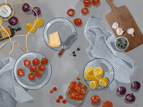 The Like Nonna Used to Make poster depicts a cozy kitchen scene with bowls of lemons and tomatoes, cheese block and grater, garlic bulbs, striped cloths, red onions, and a cutting board. A net bag with olive oil and seasoning completes the tabletop setup.
