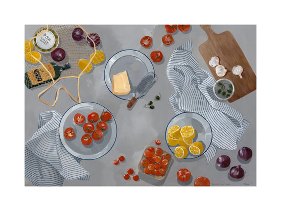 The Like Nonna Used to Make poster features a cozy kitchen setting with vibrant lemons, fresh tomatoes, plates of lemons and cherry tomatoes, garlic cloves, a cheese block, a grater, striped towels, and a net bag of groceries on a gray surface.