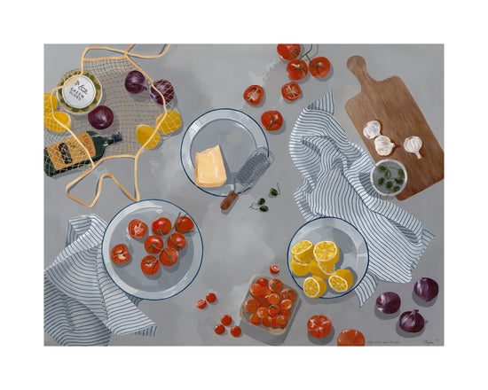 The Like Nonna Used to Make poster depicts a cozy kitchen scene with plates of fresh tomatoes and lemons, a butter dish with knife, garlic cloves, a cutting board, striped napkins, and groceries including canned food and onions. Cherry tomatoes nestle in scattered striped cloth.