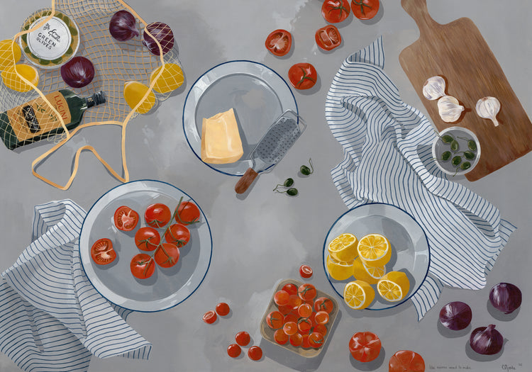 In the Like Nonna Used to Make Poster, vibrant lemons and fresh tomatoes are elegantly displayed on plates. A cheese wedge is paired with cherry tomatoes and garlic cloves, accompanied by a striped dish towel and a net bag containing cheese and honey for a homey touch.