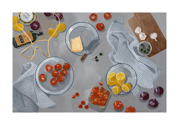 A cozy kitchen scene with vibrant halved lemons, fresh tomatoes in bowls, garlic cloves, a cheese block on a grater, and olives on a striped cloth unfolds in the Like Nonna Used to Make poster amidst an array of items on the gray countertop.