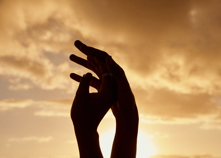 Hands grasping for each other in front of a crimson sky.