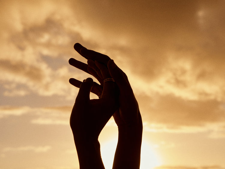 Hands grasping for each other in front of a crimson sky.