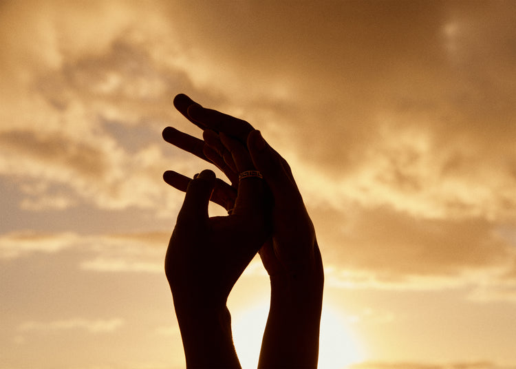 Hands grasping for each other in front of a crimson sky.