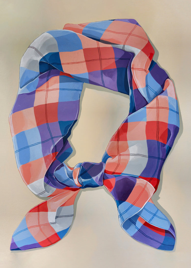A Harlequin Knot Poster features a colorful plaid scarf in shades of blue, red, and white tied in a gentle knot, resembling a trendy Wallbaby poster against a neutral background to add style to any setting.