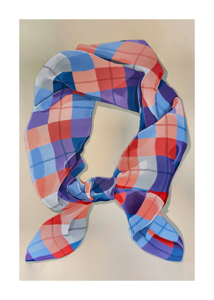 A Harlequin Knot Poster features a colorful scarf in large plaid patterns of blue, red, orange, and white, elegantly arranged in a loose knot against a neutral backdrop.