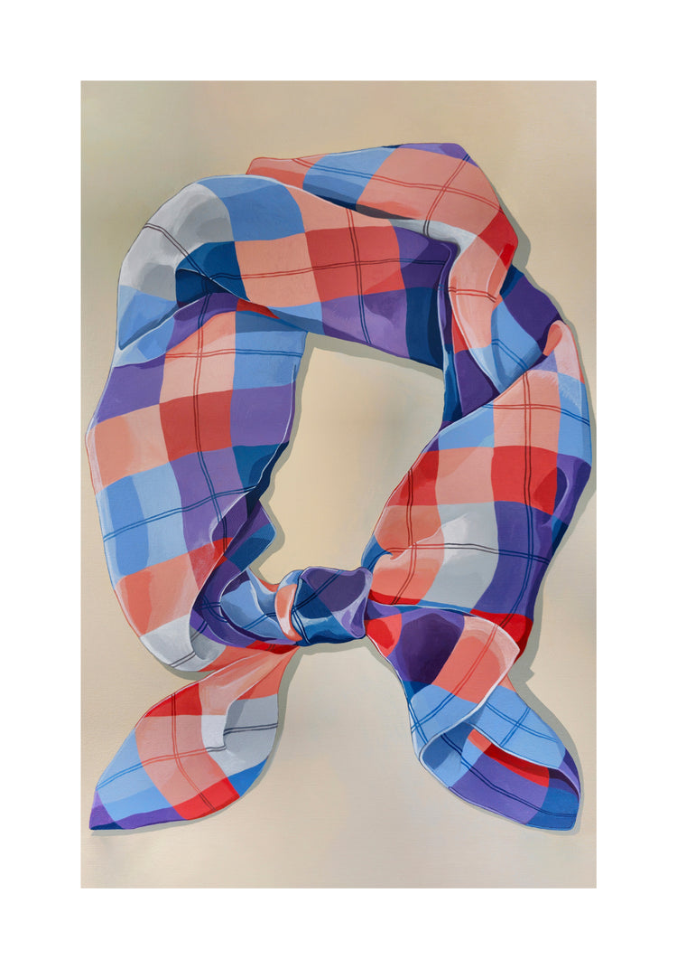 A red, blue, and purple plaid scarf tied in a bow mirrors the vibrant hues of A Harlequin Knot Poster, with large colorful squares against a light background.
