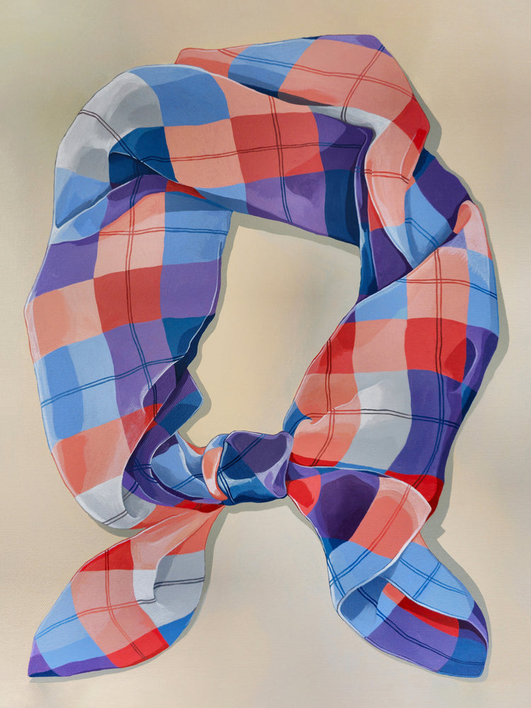 The A Harlequin Knot Poster features a colorful plaid scarf with red, blue, purple, and white squares. The scarf is artistically arranged and tied in a neat knot to highlight its vibrant, overlapping colors against the poster backdrop.
