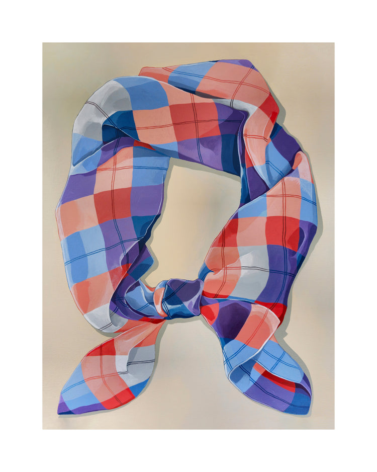 A colorful scarf with a checkered pattern of blue, red, and white is loosely knotted. It stands out against the soft beige backdrop of an A Harlequin Knot Poster, emphasizing the scarfs vibrant colors.