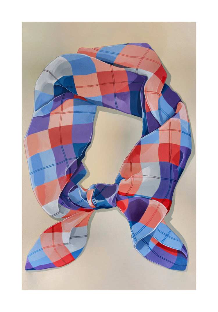 A colorful plaid scarf featuring red, blue, and white squares is tied in a loose knot against a neutral background, evoking the style of the A Harlequin Knot Poster.