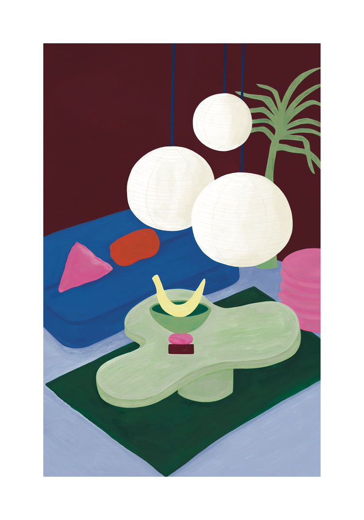 The Colourful Living 01 Poster showcases a modern living room with abstract shapes and vibrant colors, featuring a green coffee table with a vase, round hanging lamps, and a blue sofa adorned with colored cushions. A plant enhances the clean, geometric design in the background.