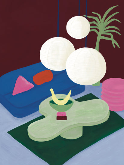 The Colourful Living 01 Poster showcases a vibrant abstract living room scene with modern furniture, including a curvy green table, three large white lamps, a blue couch with red and pink cushions, and a tall potted plant against a dark red wall.