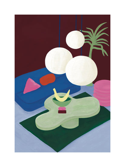 The Colourful Living 01 Poster showcases a modern living room with an amoeba-shaped table holding a dish and vibrant red object. Three white spherical lamps illuminate the blue sofa with colorful cushions, while a potted plant adds charm to this stylish scene.