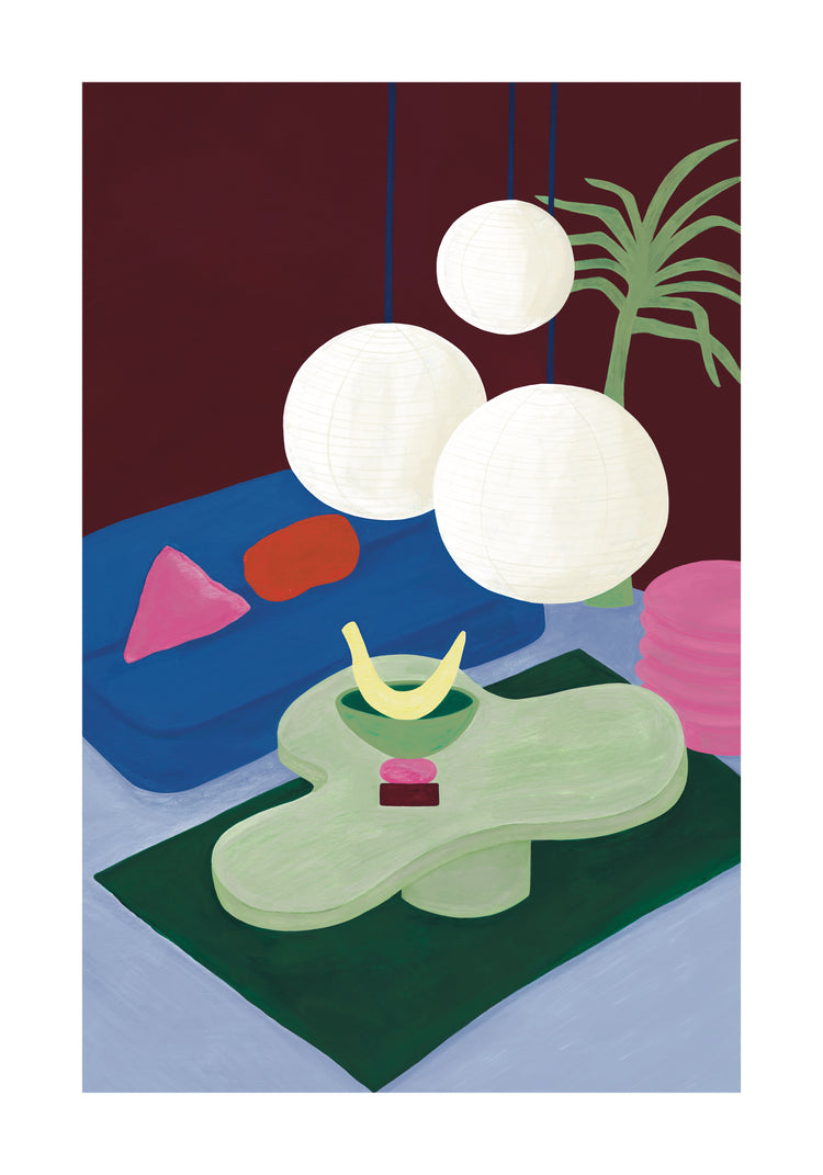 The Colourful Living 01 Poster depicts a room with modern furniture: a green, irregularly shaped table, white spherical hanging lamps, a blue couch adorned with colorful cushions, and a potted plant. A bowl with a yellow shape on the table adds to this artistic scene.