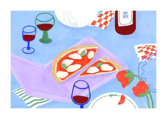 The Pizza for Three Poster beautifully displays a stylized pizza slice with mozzarella and tomatoes on a blue tablecloth. Glasses of red wine, a Vino Rosso bottle, a plate, vibrant red flowers, and a checkered napkin surround it—a tribute to Frauke Schyrokis artistry.