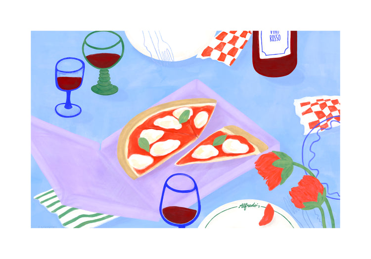 The Pizza for Three Poster by Frauke Schyroki features a vibrant illustration of a pizza adorned with tomatoes and mozzarella on a purple surface, surrounded by red wine glasses, a wine bottle, red flowers, and checkered napkins. The artwork is set against a light blue background.