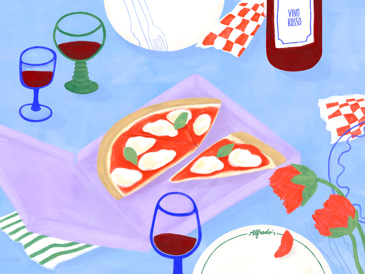 The Pizza for Three Poster by Frauke Schyroki features a vibrant pizza with basil and cheese next to wine glasses and a Vino Rosso bottle, enhanced by rose flowers. The light blue background makes it a charming addition to any wall art collection.